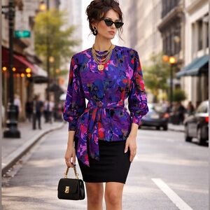 Vintage Jaeger made in Great Britain floral blouse sash belt 90s Statement Small